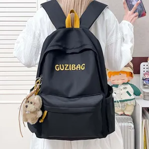 Japanese style ins black school backpack with cute bear pendant and embroidery letters.