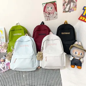 Casual canvas school backpack minimalist aesthetic multi-color daypack with cute bear pendant