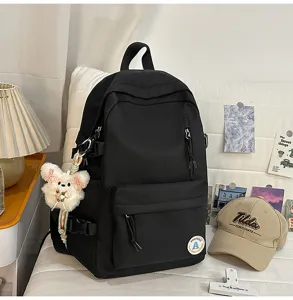 Casual black canvas backpack for women school daily use with cute bear pendant and pockets