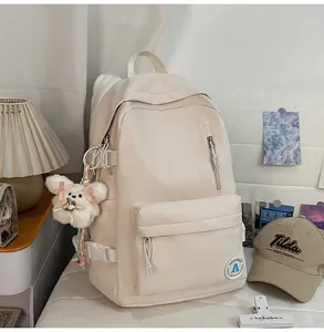 Minimalist campus style canvas backpack for women, Korean ins trendy lightweight school bag.