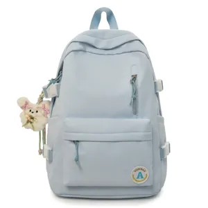Light blue college style school backpack casual daypack for students with cute rabbit pendant.