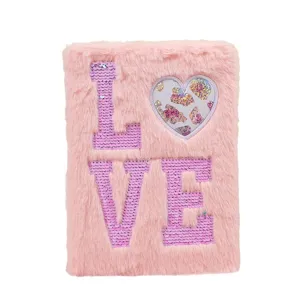 Quaderno soffice rosa con paillettes e lettere LOVE, diario in peluche carino per studenti.