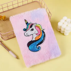 Cute fluffy unicorn plush notebook with sparkling sequin cover for girls and kids daily use.