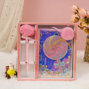 Cute A5 sequin notebook and fluffy pen stationery gift box set for kids, cartoon lollipop design.