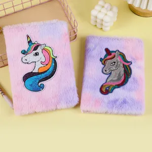 Cute Cartoon Unicorn Plush Notebook A5 Fluffy Diary Book Glitter Sequins Embroidery Writing Journal School Stationery Gift