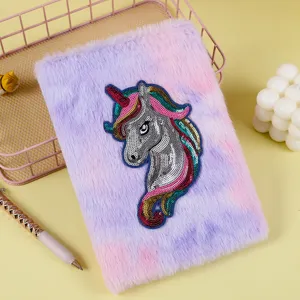 Fluffy unicorn notebook cute plush diary colorful sequin journal for girls school gift