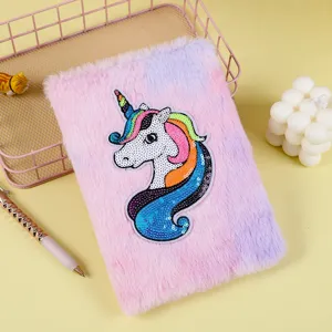 Cute cartoon unicorn plush notebook for kids, colorful fluffy diary and school gift book