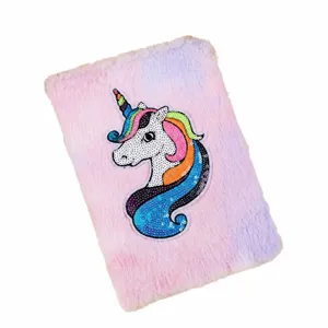 Cute unicorn plush notebook with colorful sequins, soft fuzzy diary for kids and girls.