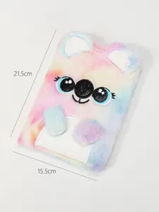 Cute pastel tie-dye plush notebook detail featuring fluffy koala design and embroidery.