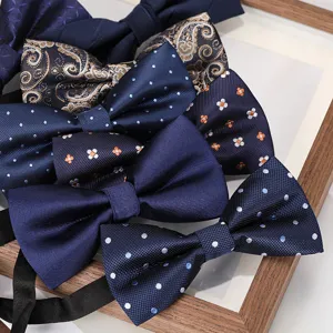 Detailed shot of stylish blue bow ties for men formal business wedding groom suit and tuxedo.