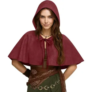 Red short hooded cape for Halloween party, vintage lace-up costume cloak for women detail view