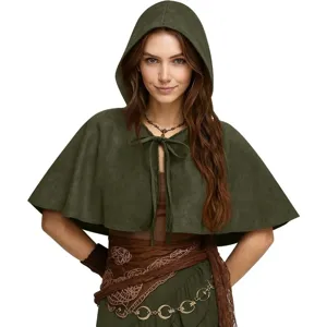 Green hooded short cape Halloween bohemian style costume lace up cloak role play apparel detail