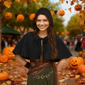 Halloween Bohemian Hooded Short Cape Lace Up Cloak Medieval Cosplay Costume Solid Color Polyester Apparel