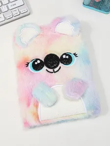 Cute rainbow plush notebook A5 fluffy diary with cute cartoon koala embroidery and front pocket.