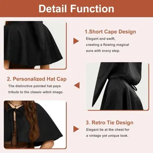 Detailed view of the black short hooded cape, featuring a pointed hat and retro tie.