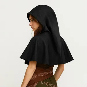 Detail view of the black short hooded cape, medieval gothic costume accessory for Halloween.
