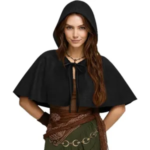 Halloween bohemian short hooded cape for women, stylish lace-up black shawl for costume party.