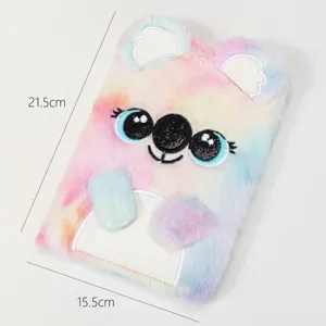 Cute pastel rainbow plush notebook A5 fluffy diary with adorable cartoon bear design for girls gift