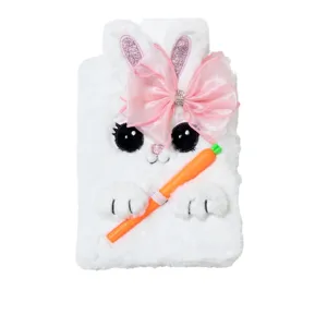 Simpatico taccuino diario in peluche di coniglio soffice con fiocco rosa e penna carota
