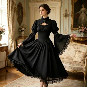 Exquisite black palace style lace hollow long bell sleeve shawl dress detail showcasing elegance.