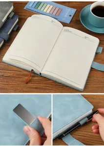 Detail view of A5 PU leather notebook planner with elastic closure, pen holder and metal plate.