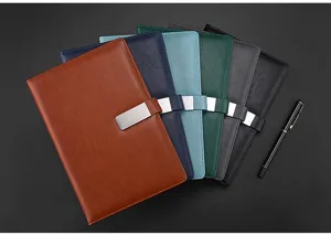 A5 leather notebook with metal buckle detail, professional business planner and diary for office use.