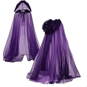 Cape à capuche en tulle Halloween, cape de vampire sorcière transparente violette pour fête.