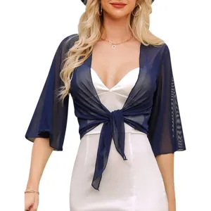 Close-up detail of the elegant navy blue chiffon shrug featuring a stylish front tie design.