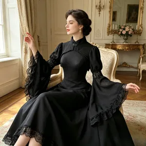 Women Gothic Court Vintage Lace Shawl Hollow Out Long Bell Sleeve Stand Collar Cape Black Transparent Cover Up Top