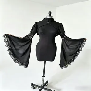 Black lace shrug bolero with dramatic long bell sleeves, gothic court style top apparel.