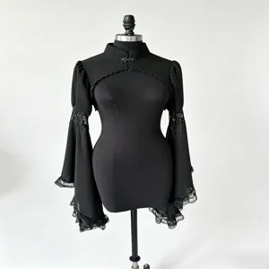 Exquisite black lace shrug detail featuring long bell sleeves and elegant court style collar design.