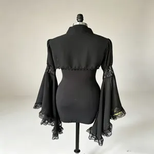 Black gothic lace bolero shrug with long trumpet sleeves, elegant cutout vintage capelet top.