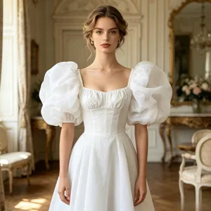 Detailansicht des französischen Hofstil-weißen Kleides mit dramatischen Puffärmeln und Korsett.