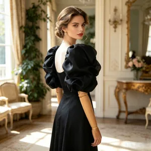 Französisches vintage schwarzes Puffärmel Abendkleid Detail im eleganten Palast-Stil Design.