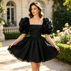 Französisches schwarzes Puffärmel Minikleid Hofstil elegante Partykleider für Damen