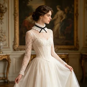 Detailed view of vintage court style white lace false collar and elegant retro dress accessory.