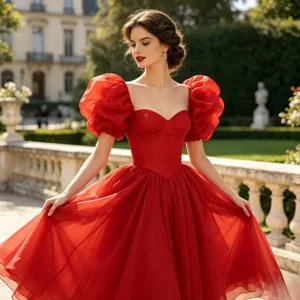 Detailansicht des roten Puffärmel-Kleids mit elegantem Herzolausschnitt und Vintagestil.