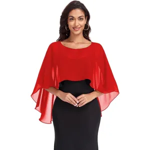 Elegante mantella in chiffon rosso da donna, scialle estivo leggero trasparente, chic.