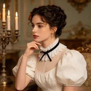 Retro court style lace fake collar with black bow, elegant princess neck accessory for women.