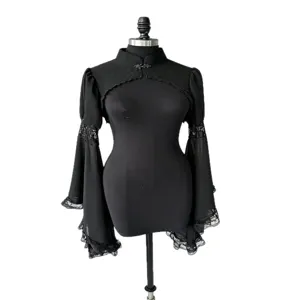 Black gothic court lace shrug with long flare sleeves and mandarin collar on mannequin.