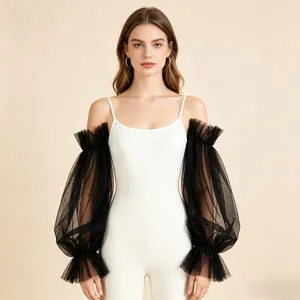 Black mesh tulle detached sleeves, gothic arm covers detail, sheer arm-slimming accessory.