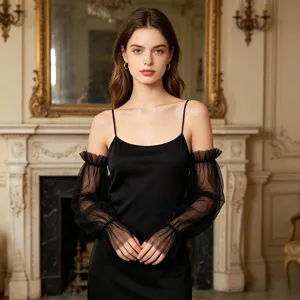 Gothic black sheer mesh sleeves detached tulle ruffles arm covers for lolita dress.