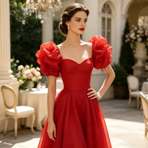 Detailansicht des eleganten roten Kleides mit voluminösen Puffärmeln und romantischem Ausschnitt.