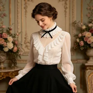 Vintage court style white lace ruffle blouse featuring a classic black velvet bow choker necklace.