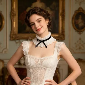 Details of vintage lace fake collar with black bow, elegant court style neck accessory.