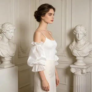 Elegant white puff sleeve top with sheer organza detachable sleeves for women detail view.