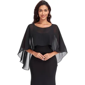 Mantella scialle in chiffon nero donna elegante leggera trasparente abito da sera dettaglio
