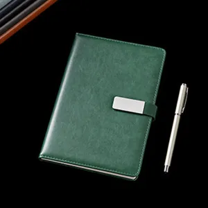 Green A5 PU leather notebook with metal buckle and pen for business office stationery