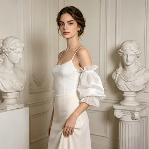 White camisole top with sheer mesh detachable puff sleeves elegant vintage outfit