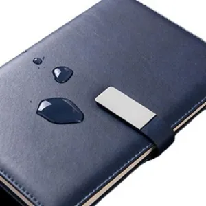 A5 blue leather business notebook with metal buckle and waterproof cover for office study.